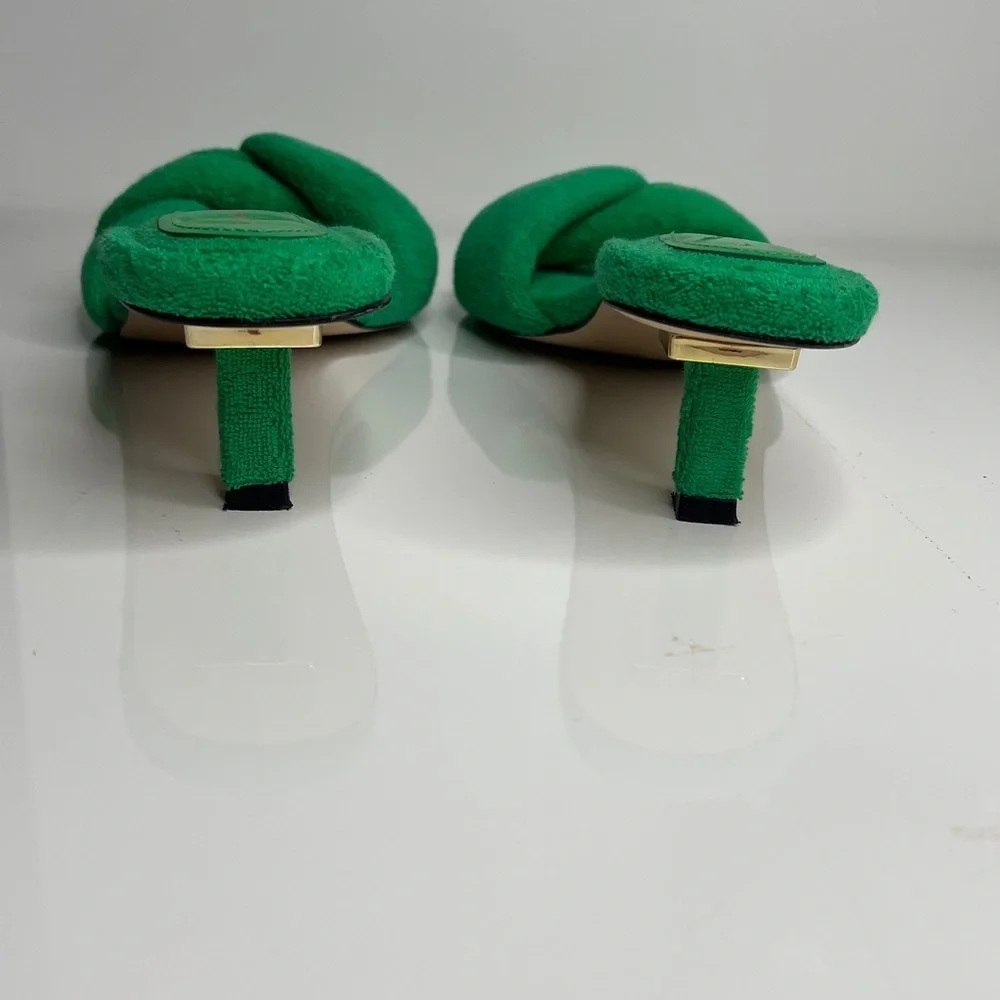 Good American Sz 8.5 Green Terry Kickstand Mule Sandals 1.5” Block Kitten Heel